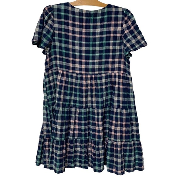 Madewell | Babydoll Dress Plaid Button Front Tiered Short V Neck- Size Medium - Picture 1 of 8